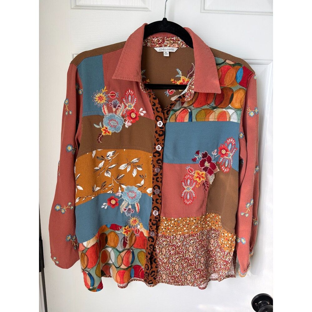John Mark Embroidered Floral Lagenlook Artsy Boho Blouse Size Large Petite